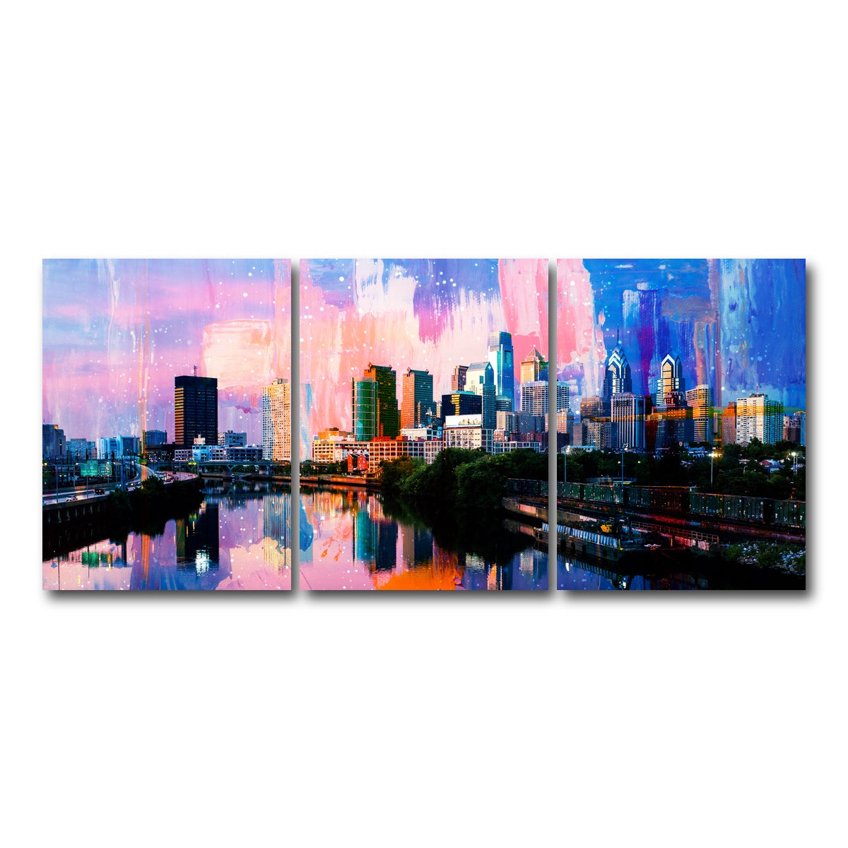AUTO-MOCKUP WHITE | Abstract Philadelphia Skyline | 3 Piece | Gallery Wrap Canvas | group=18x24