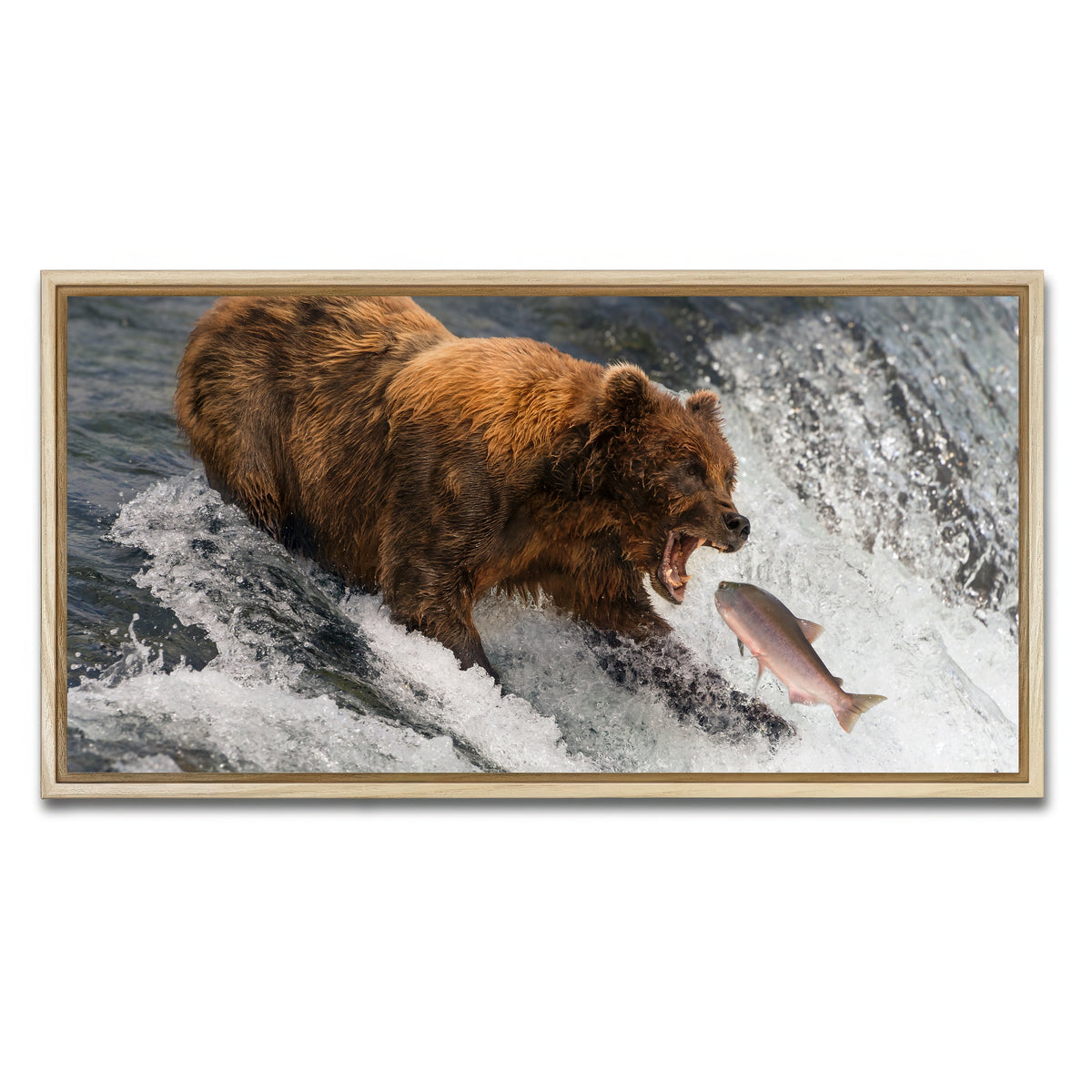 AUTO-MOCKUP WHITE | Bear catching Salmon | 1 Piece | Natural Framed Canvas | group=2x1