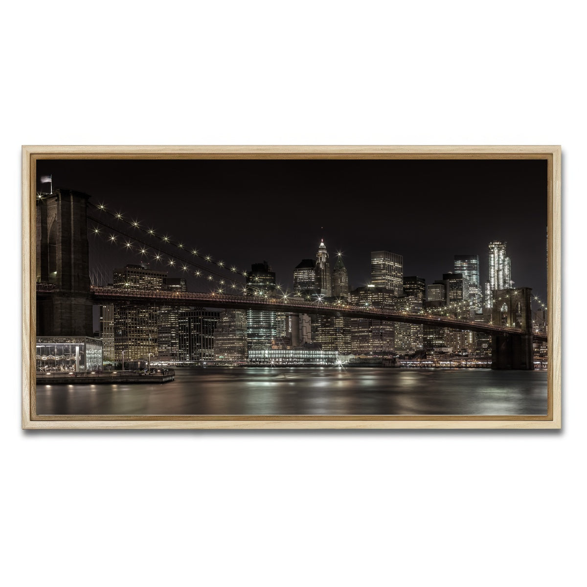 AUTO-MOCKUP WHITE | Manhattan Skyline & Brooklyn Bridge Panorama | 1 Piece | Natural Framed Canvas | group=2x1