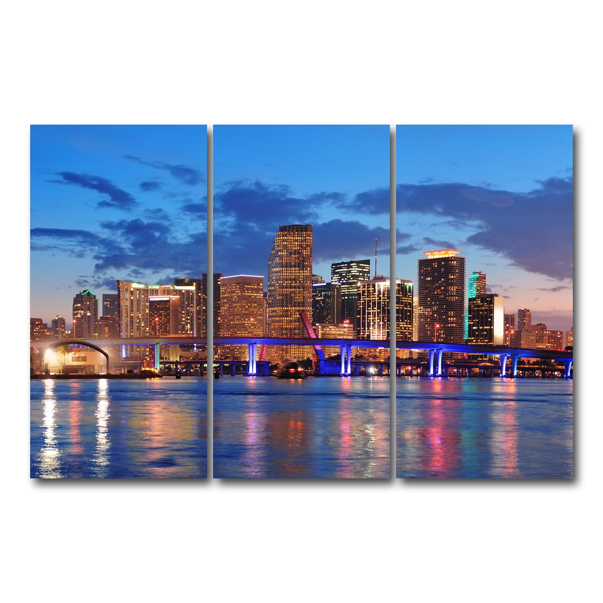 AUTO-MOCKUP WHITE | Miami Night Skyline | 3 Piece | Gallery Wrap Canvas | group=12x24