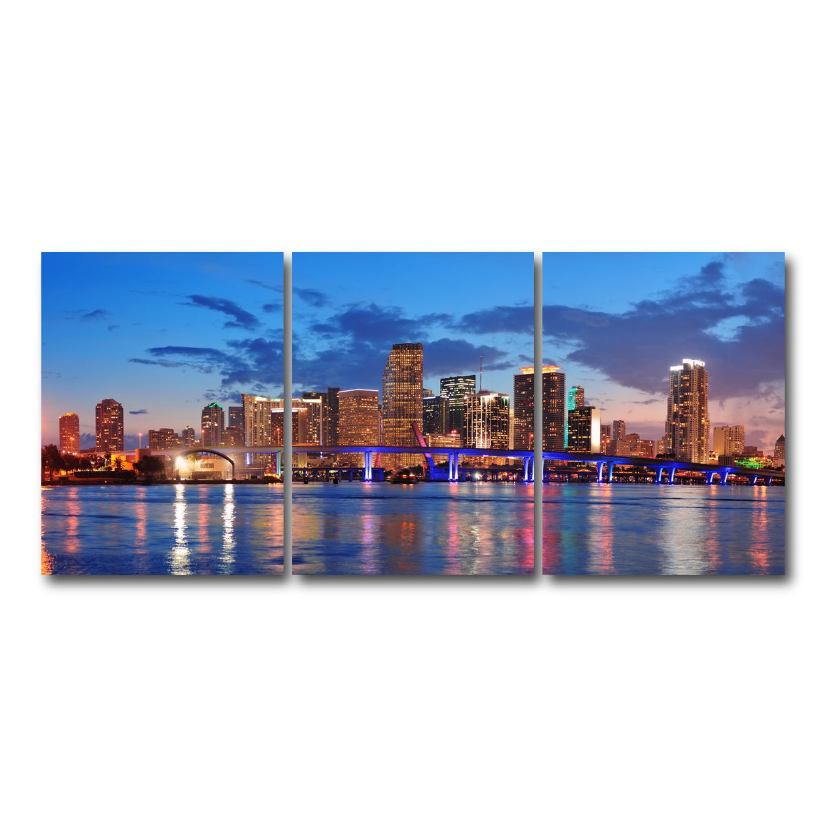 AUTO-MOCKUP WHITE | Miami Night Skyline | 3 Piece | Gallery Wrap Canvas | group=18x24