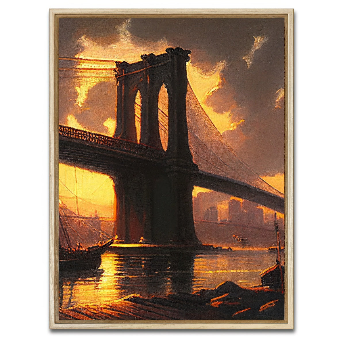 AUTO-MOCKUP WHITE | Old Brooklyn Bridge at Dusk | 1 Piece | Natural Framed Canvas | group=3x4