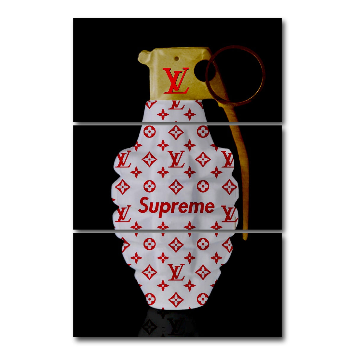 AUTO-MOCKUP WHITE | Red White Gold LV Grenade | 3 Piece | Gallery Wrap Canvas | group=12x24_stacked