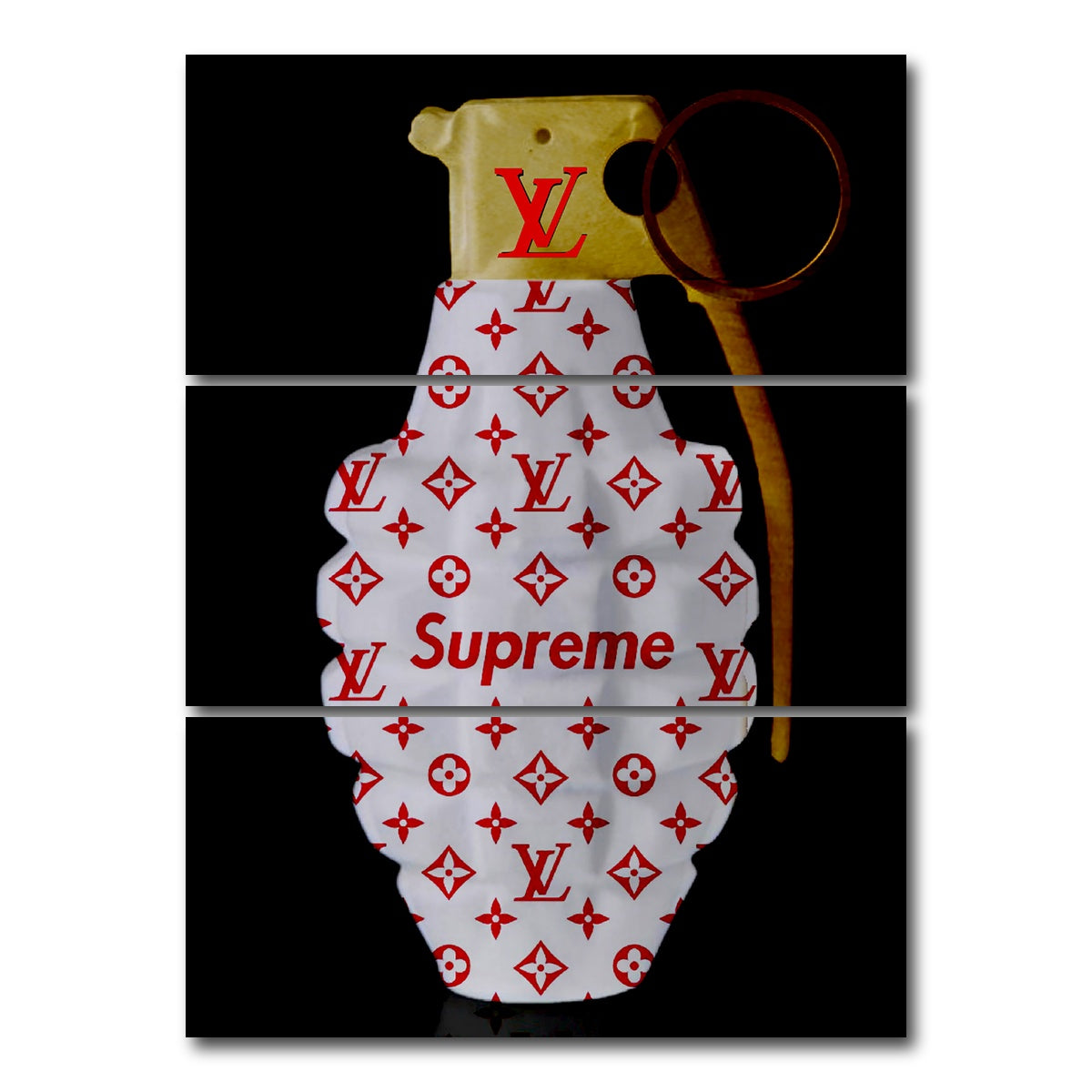 AUTO-MOCKUP WHITE | Red White Gold LV Grenade | 3 Piece | Gallery Wrap Canvas | group=8x18_stacked