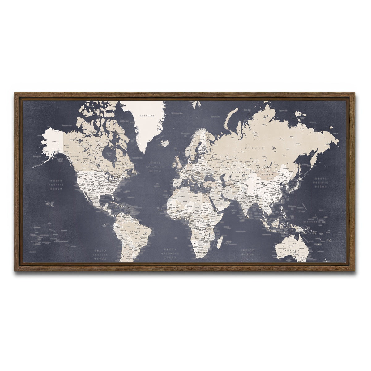 AUTO-MOCKUP WHITE | World Map 28 | 1 Piece | Walnut Framed Canvas | group=2x1