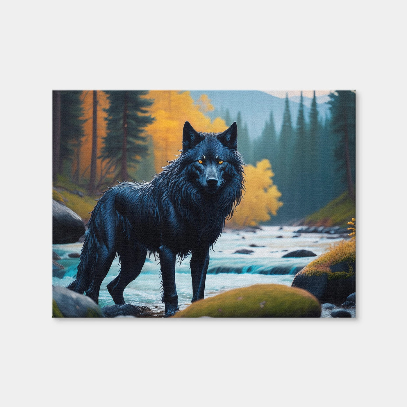 AUTO-MOCKUP WHITE | Black Wolf by the River | 1 Piece | Gallery Wrap Canvas | group=4x3