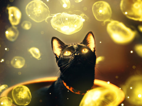 Black cat with jellyfish Wall Art