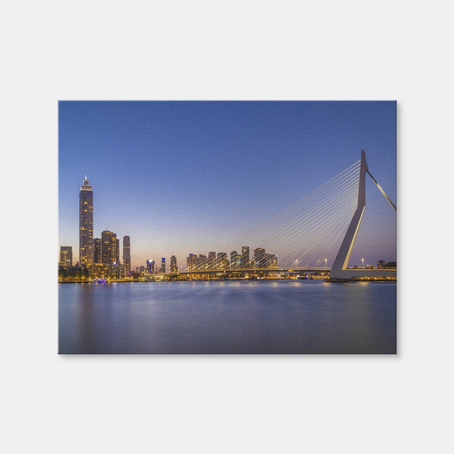 AUTO-MOCKUP WHITE | Erasmus Bridge and Rotterdam Skyline in the Evening | 1 Piece | Gallery Wrap Canvas | group=4x3