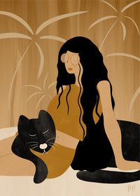 Girl and Wild Black Cat Wall Art