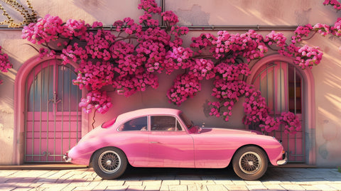 Pink Car and Flowers Wall Art