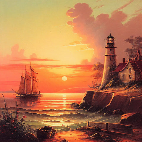 Sailing Past a Lighthouse and Sunset Wall Art