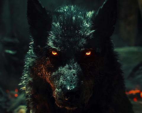 black wolf with glowing orange eyes Wall Art